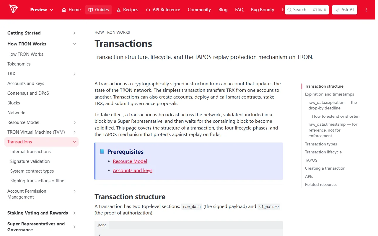 TRON rasmiy dasturchi hujjatlaridagi Transactions sahifasi, o‘ng tomonda “Expiration and timestamps” va “raw_data.expiration — the drop-by deadline” bo‘limlari