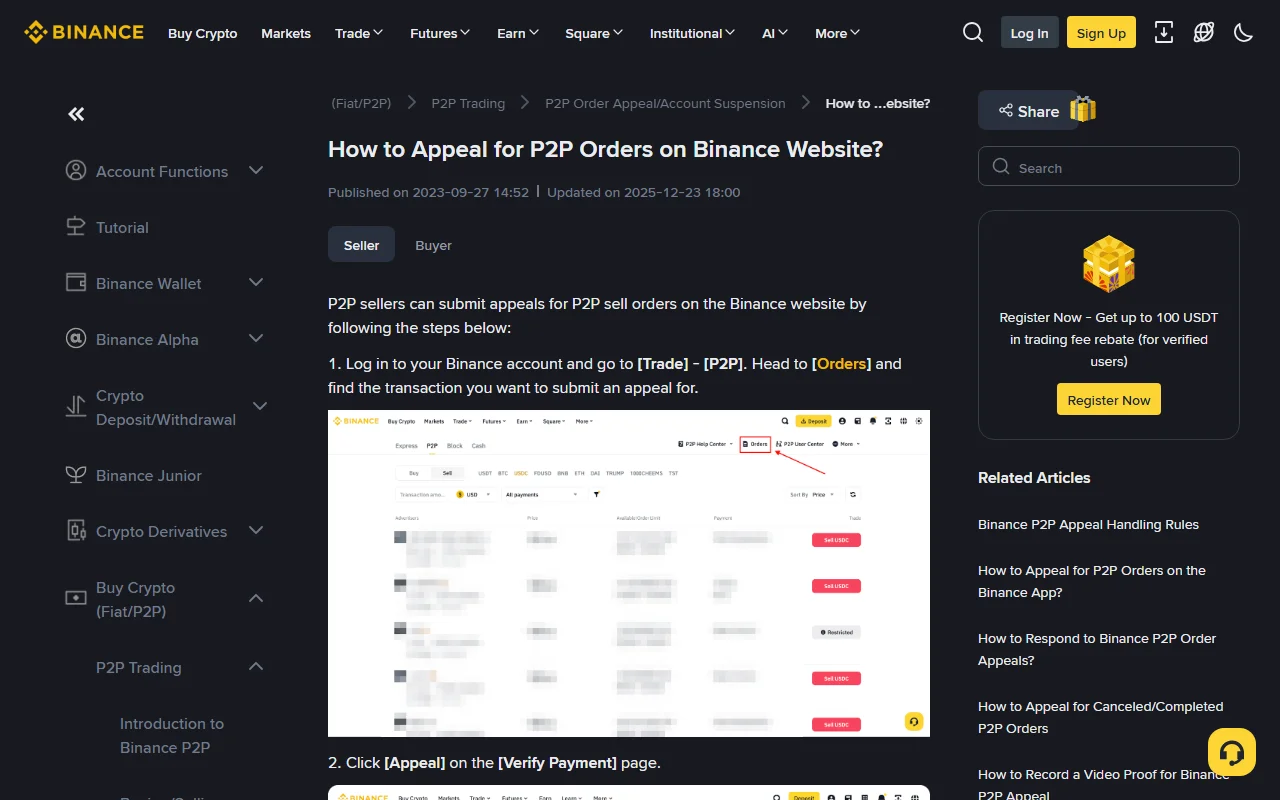 Binance qo‘llab-quvvatlash sahifasi: P2P buyurtma bo‘yicha apellyatsiya ochish qadamlari va «Orders» bo‘limi ko‘rsatilgan rasmiy yo‘riqnoma