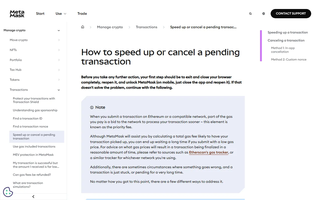 MetaMask rasmiy yordam sahifasi “How to speed up or cancel a pending transaction”: tezlashtirish va bekor qilish bo‘limlari hamda priority fee haqidagi izoh