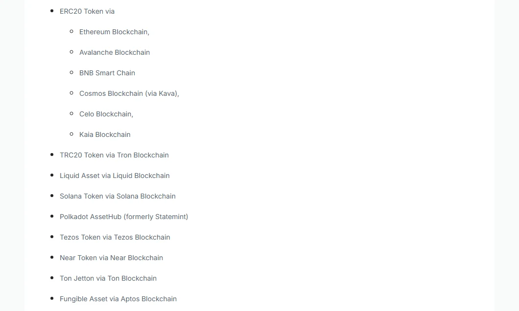Tether rasmiy Supported Protocols sahifasidagi ro‘yxat: ERC20 Token via Ethereum, Avalanche, BNB Smart Chain, Cosmos (via Kava), Celo, Kaia; quyida TRC20 Token via Tron, Solana Token, Ton Jetton va Fungible Asset via Aptos bandlari
