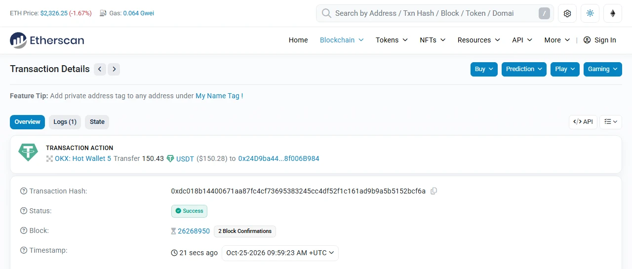 Etherscan’dagi USDT o‘tkazmasi sahifasi: status Success, blok raqami yonida «2 Block Confirmations» yozuvi va 21 soniya oldingi vaqt ko‘rsatilgan