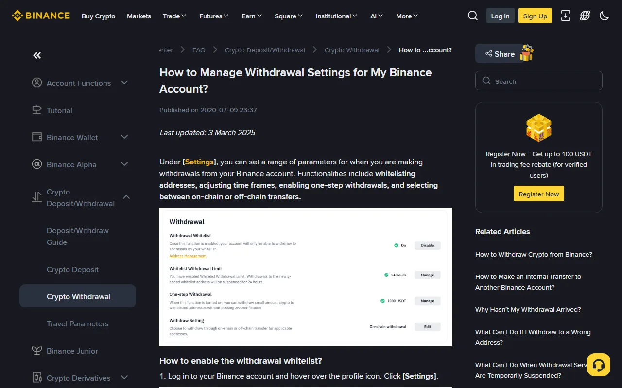 Binance rasmiy yordam sahifasidagi Withdrawal sozlamalari: Withdrawal Whitelist yoqilgan, Whitelist Withdrawal Limit 24 soatga o‘rnatilgan