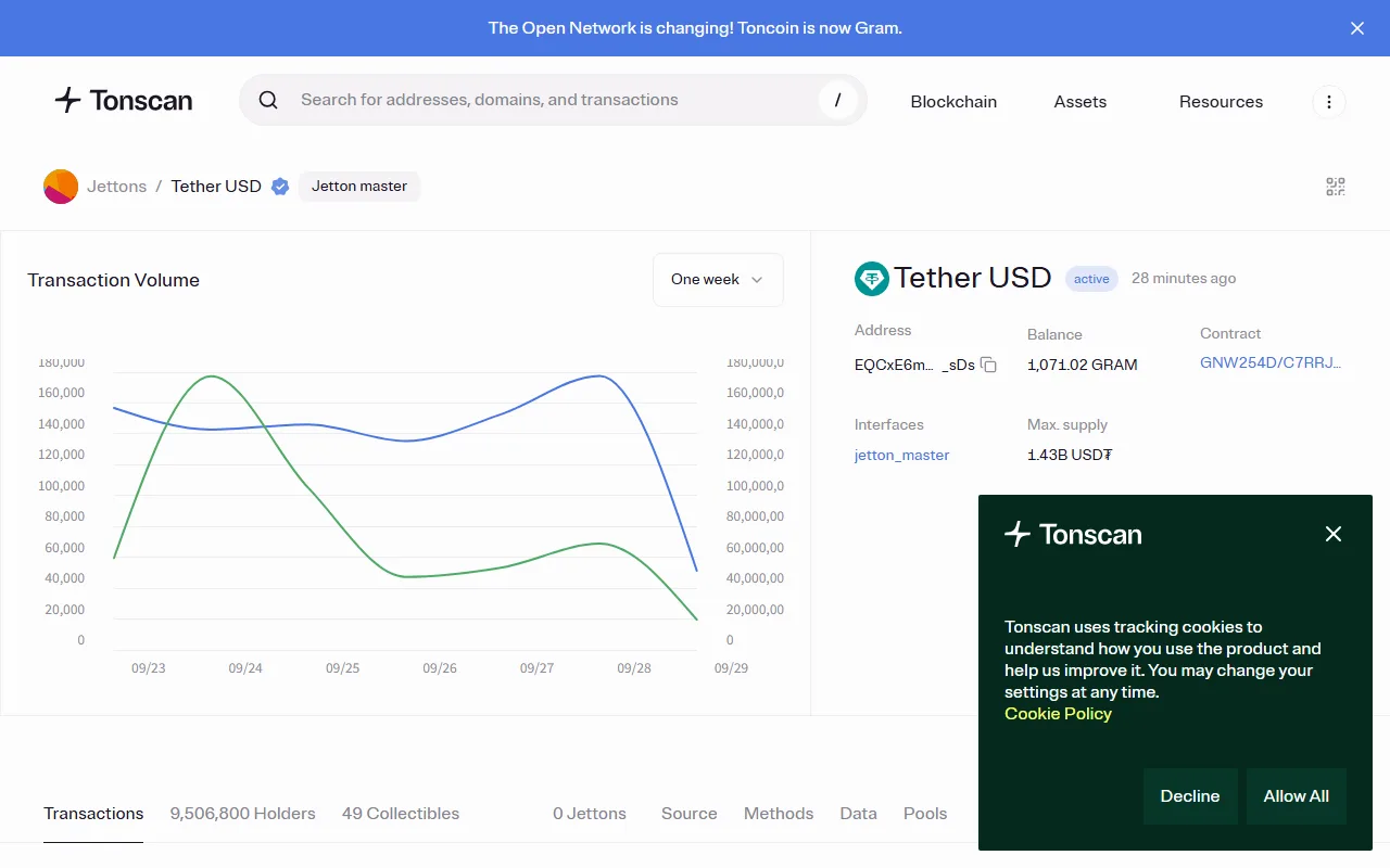 Tonscan explorerida Tether USD jetton master sahifasi: token nomi, tasdiq belgisi, kontrakt manzili va maksimal emissiya ko‘rinib turibdi