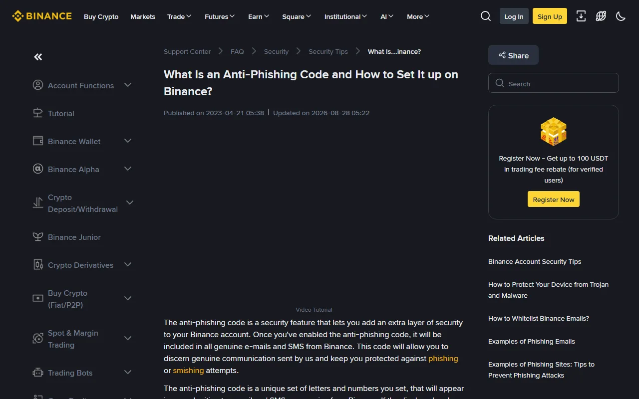 Binance rasmiy yordam sahifasida anti-phishing kod nima ekani va u phishing hamda smishing urinishlaridan qanday himoya qilishi tushuntirilgan