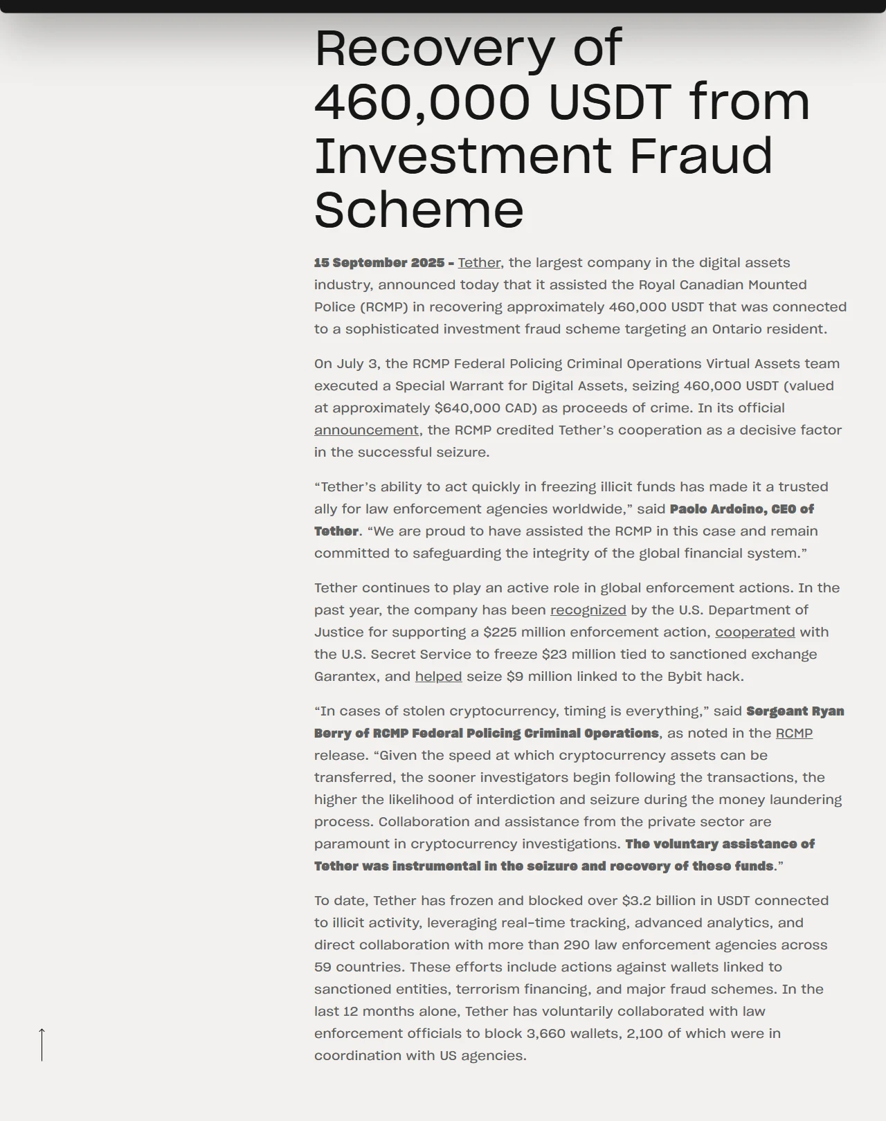 Tether rasmiy saytidagi xabar: RCMP investitsiya firibgarligi bo‘yicha 460 000 USDT’ni qaytarib olgani va Tether bugungacha 3,2 milliard dollardan ortiq USDT’ni bloklagani haqida