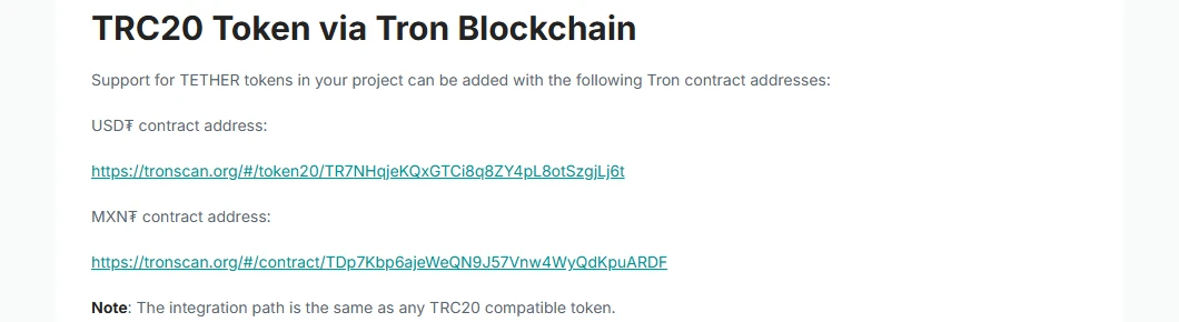 Tether Supported Protocols sahifasining TRC20 Token via Tron Blockchain bo‘limi: USD₮ kontrakt manzili TR7NHqjeKQxGTCi8q8ZY4pL8otSzgjLj6t va MXN₮ kontrakti havolalari