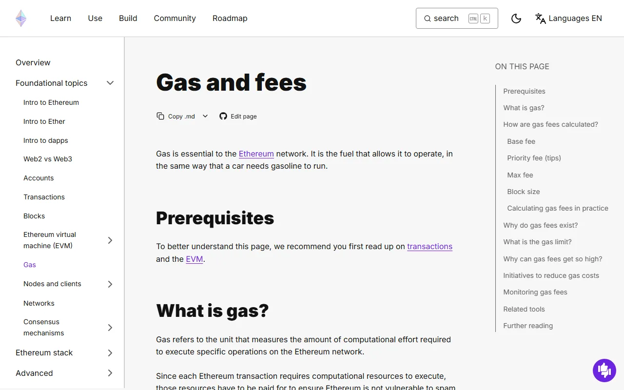 Ethereum rasmiy saytidagi “Gas and fees” hujjati: gas tushunchasi va to‘lovni hisoblash bo‘limlari