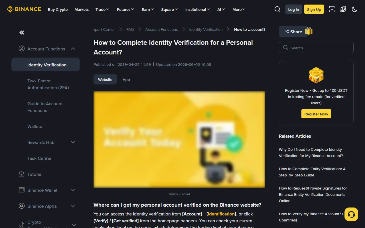 Binance yordam markazidagi «How to Complete Identity Verification for a Personal Account?» sahifasi: verifikatsiyani qayerdan boshlash haqidagi rasmiy yo‘riqnoma